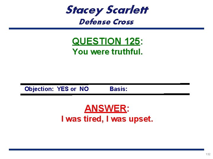 Stacey Scarlett Defense Cross QUESTION 125: You were truthful. Objection: YES or NO Basis: