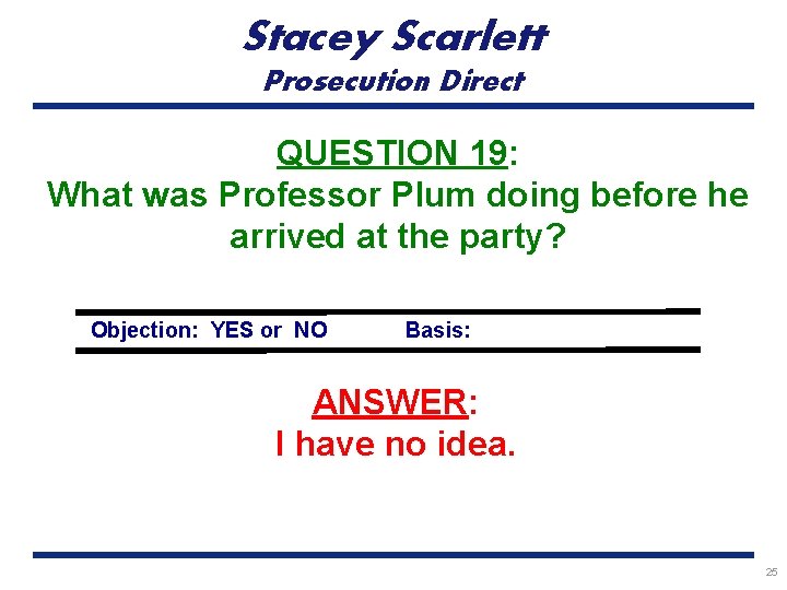 Stacey Scarlett Prosecution Direct QUESTION 19: What was Professor Plum doing before he arrived
