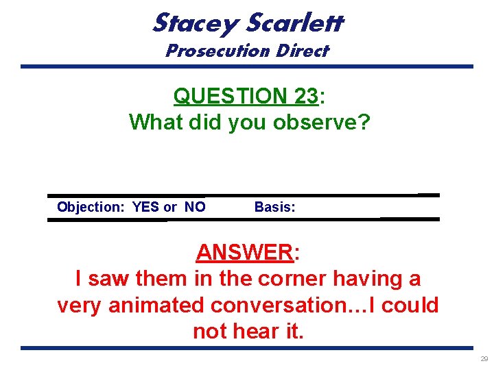 Stacey Scarlett Prosecution Direct QUESTION 23: What did you observe? Objection: YES or NO