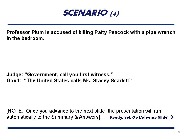 SCENARIO (4) Professor Plum is accused of killing Patty Peacock with a pipe wrench