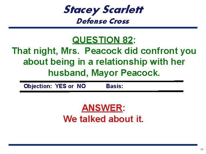 Stacey Scarlett Defense Cross QUESTION 82: That night, Mrs. Peacock did confront you about