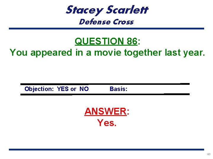 Stacey Scarlett Defense Cross QUESTION 86: You appeared in a movie together last year.