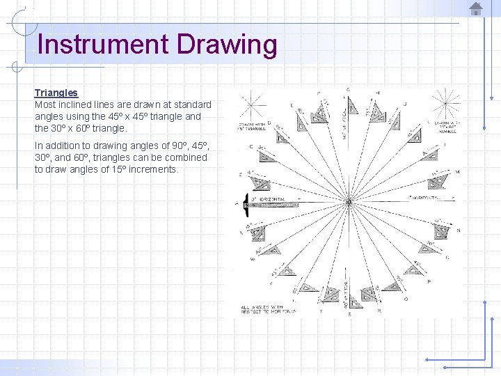 Instrument Drawing Triangles Most inclined lines are drawn at standard angles using the 45º
