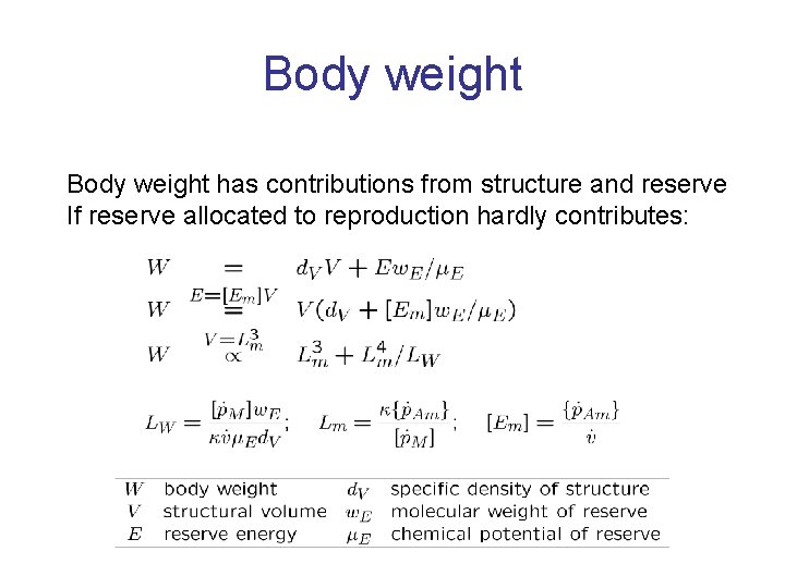 Body weight has contributions from structure and reserve If reserve allocated to reproduction hardly