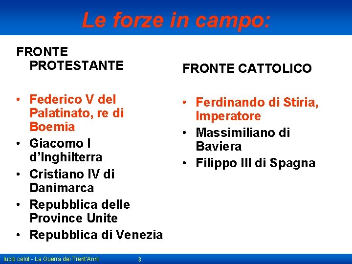 Le forze in campo: FRONTE PROTESTANTE FRONTE CATTOLICO • Federico V del Palatinato, re