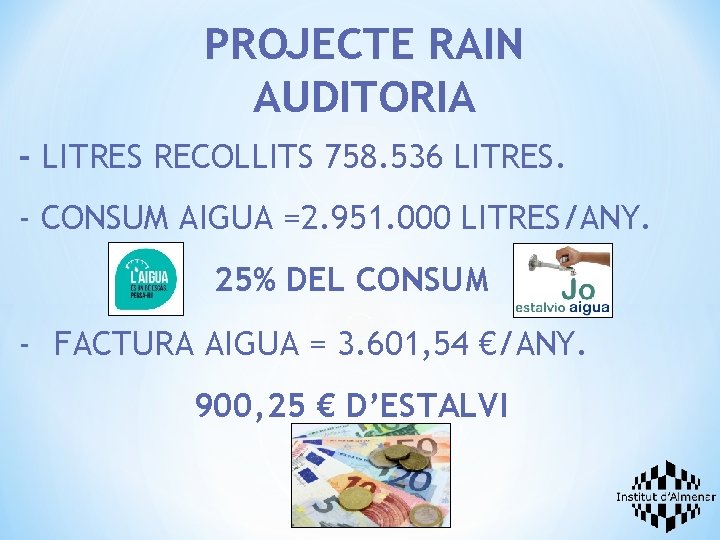 PROJECTE RAIN AUDITORIA - LITRES RECOLLITS 758. 536 LITRES. - CONSUM AIGUA =2. 951.