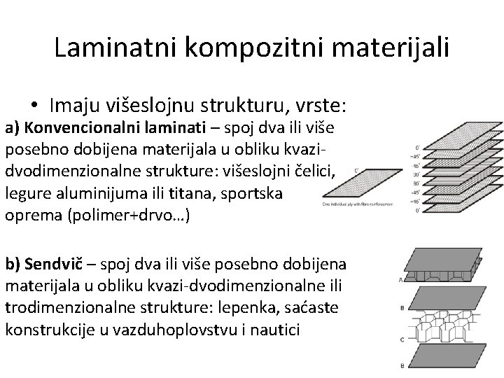 Laminatni kompozitni materijali • Imaju višeslojnu strukturu, vrste: a) Konvencionalni laminati – spoj dva