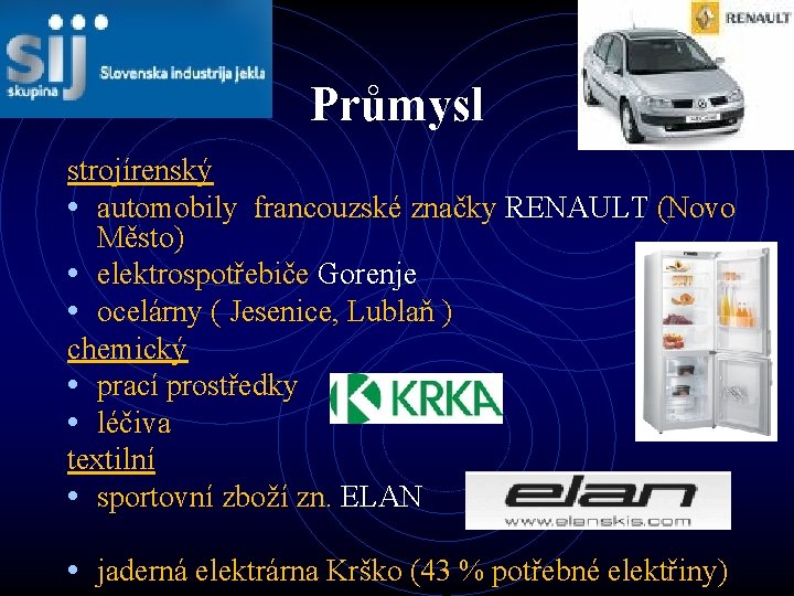 Průmysl strojírenský • automobily francouzské značky RENAULT (Novo Město) • elektrospotřebiče Gorenje • ocelárny