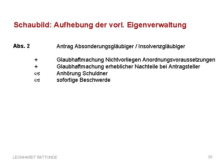 Schaubild: Aufhebung der vorl. Eigenverwaltung Abs. 2 Antrag Absonderungsgläubiger / Insolvenzgläubiger + + Glaubhaftmachung