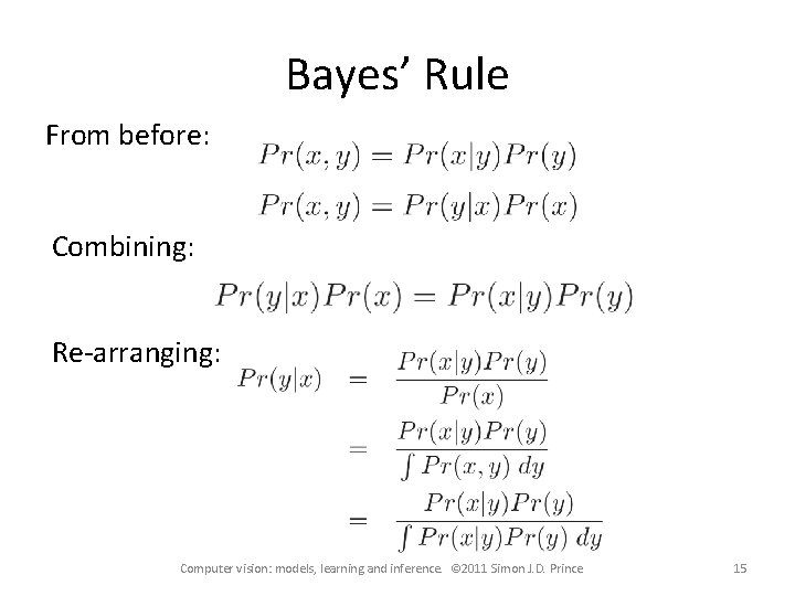 Bayes’ Rule From before: Combining: Re-arranging: Computer vision: models, learning and inference. © 2011 Bayes’ Rule From before: Combining: Re-arranging: Computer vision: models, learning and inference. © 2011