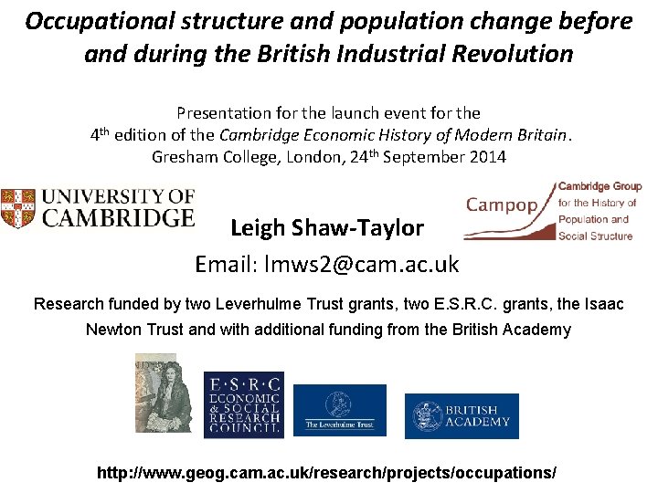 Occupational structure and population change before and during the British Industrial Revolution Presentation for