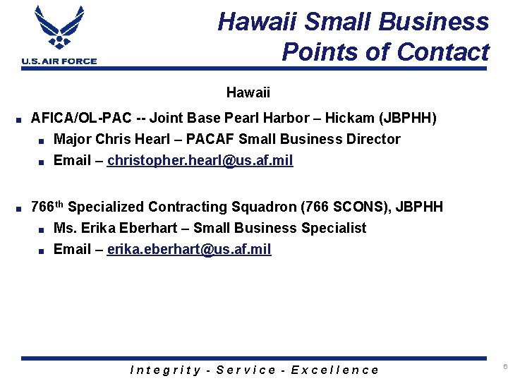 Hawaii Small Business Points of Contact Hawaii ■ AFICA/OL-PAC -- Joint Base Pearl Harbor