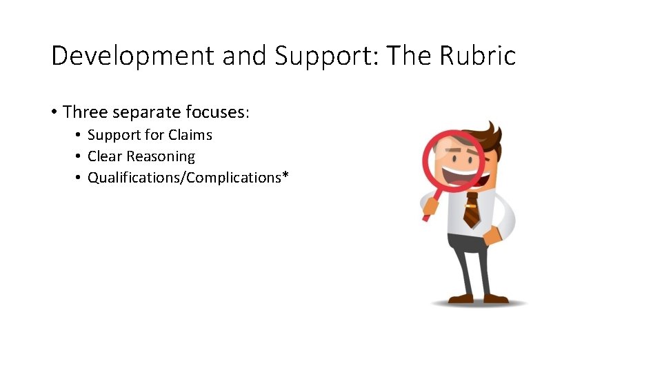 Development and Support: The Rubric • Three separate focuses: • Support for Claims •