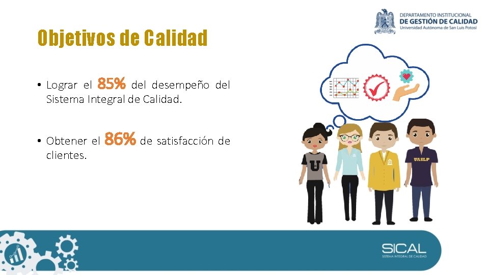 Objetivos de Calidad • Lograr el 85% del desempeño del Sistema Integral de Calidad. Objetivos de Calidad • Lograr el 85% del desempeño del Sistema Integral de Calidad.