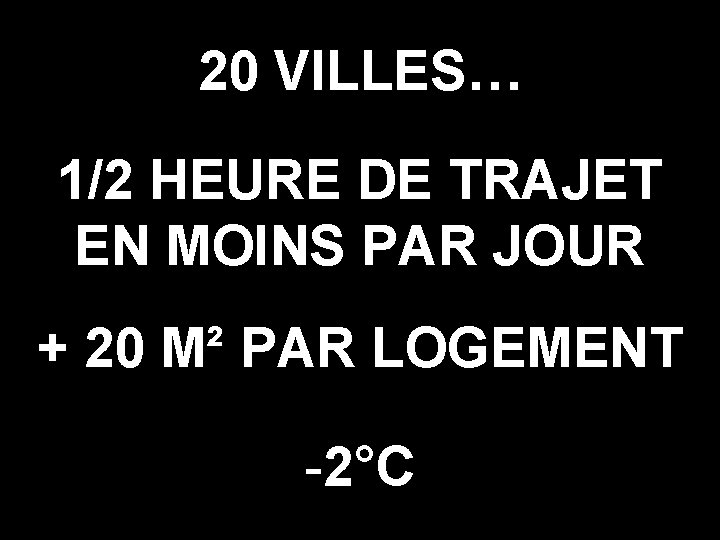 20 VILLES… 1/2 HEURE DE TRAJET EN MOINS PAR JOUR + 20 M² PAR