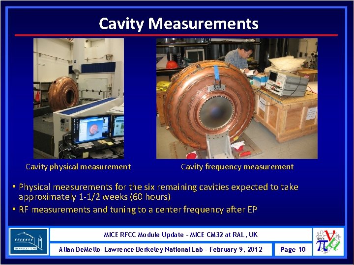 Cavity Measurements Cavity physical measurement Cavity frequency measurement • Physical measurements for the six