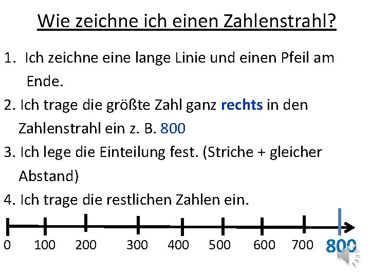 Wie zeichne ich einen Zahlenstrahl? 1. Ich zeichne eine lange Linie und einen Pfeil