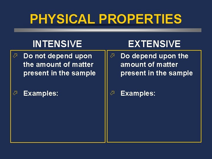 PHYSICAL PROPERTIES INTENSIVE ö Do not depend upon the amount of matter present in