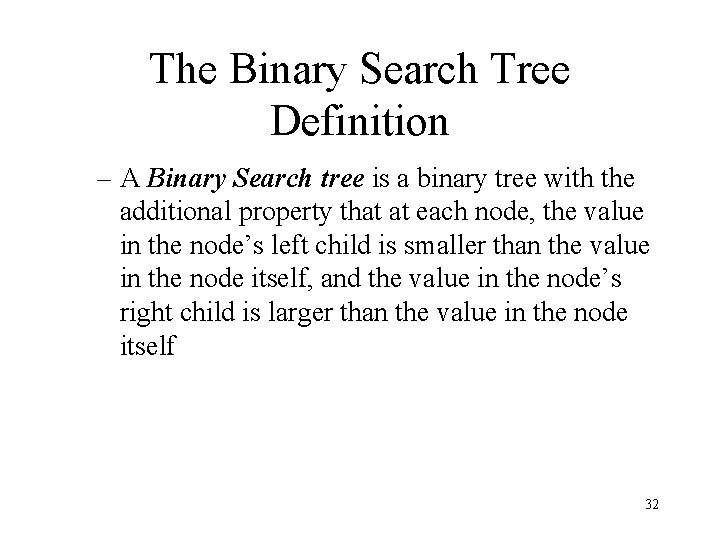 The Binary Search Tree Definition – A Binary Search tree is a binary tree