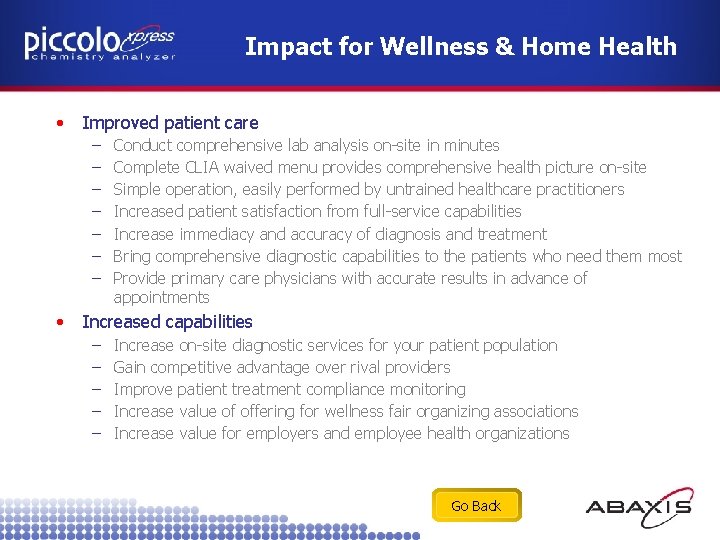 Impact for Wellness & Home Health • Improved patient care – – – –