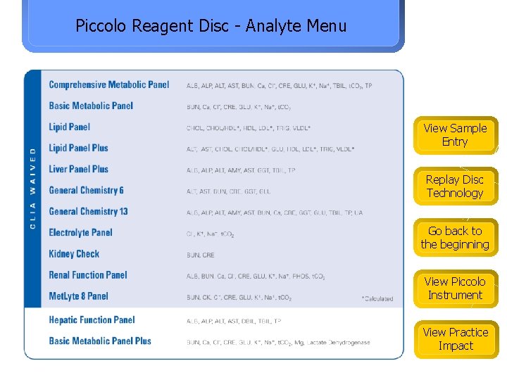 Piccolo Reagent Disc - Analyte Menu View Sample Entry Replay Disc Technology Go back