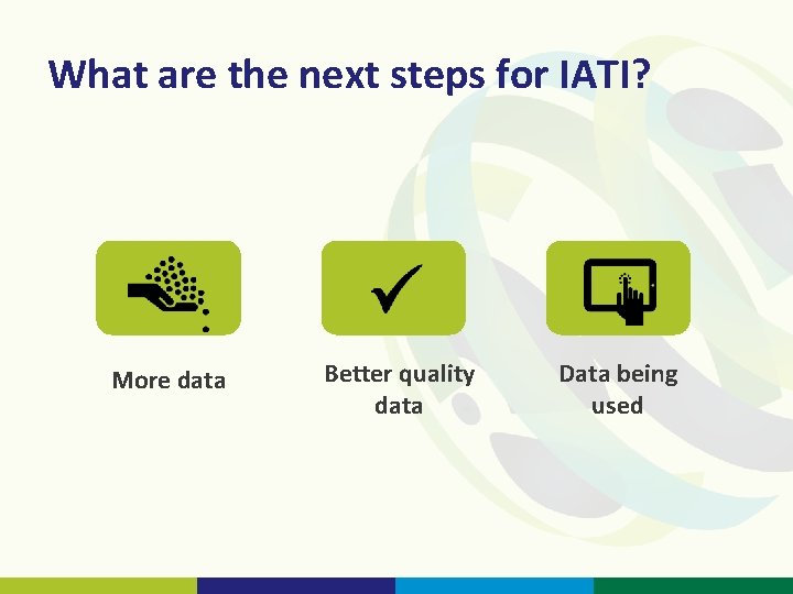 What are the next steps for IATI? More data Better quality data Data being
