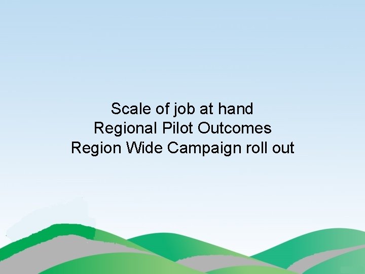 Scale of job at hand Regional Pilot Outcomes Region Wide Campaign roll out 