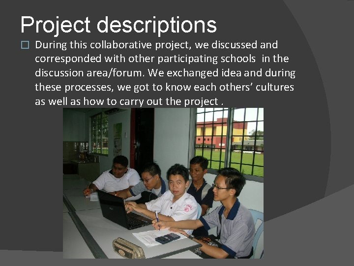 Project descriptions � During this collaborative project, we discussed and corresponded with other participating