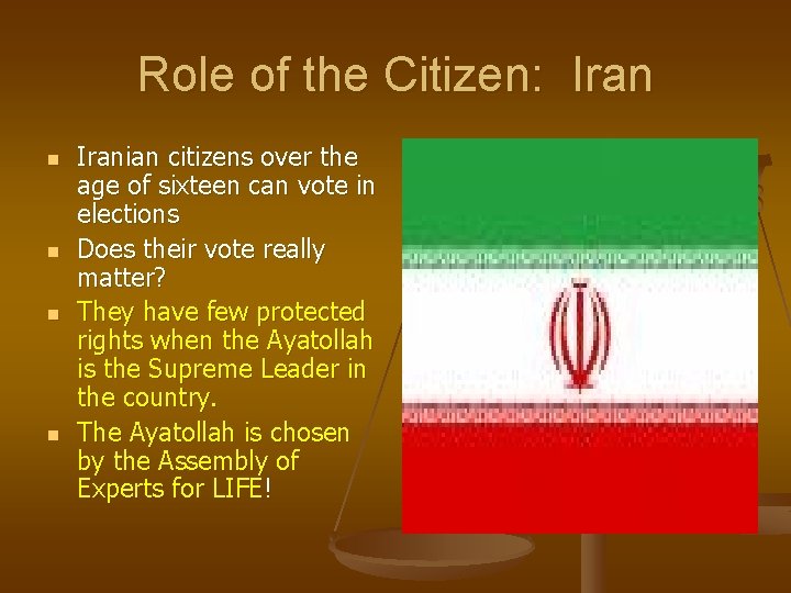 Role of the Citizen: Iran n n Iranian citizens over the age of sixteen