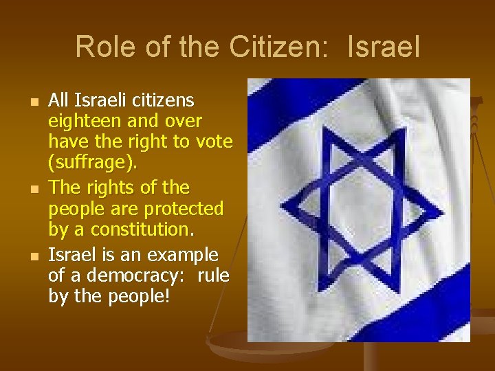 Role of the Citizen: Israel n n n All Israeli citizens eighteen and over