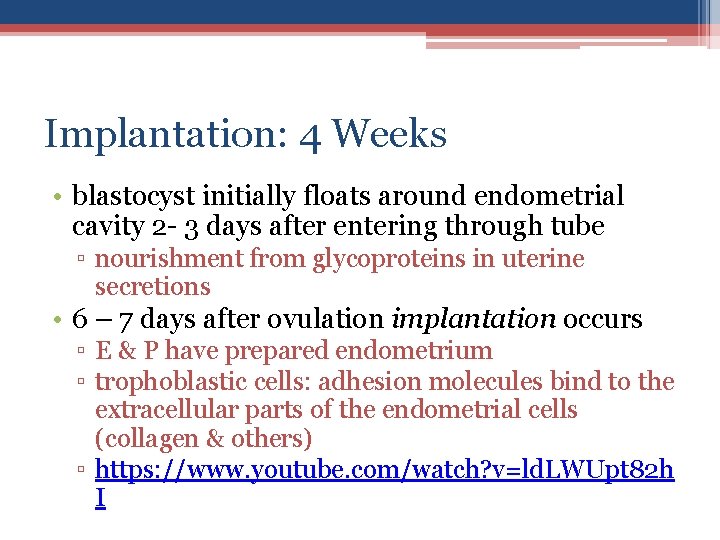 Implantation: 4 Weeks • blastocyst initially floats around endometrial cavity 2 - 3 days