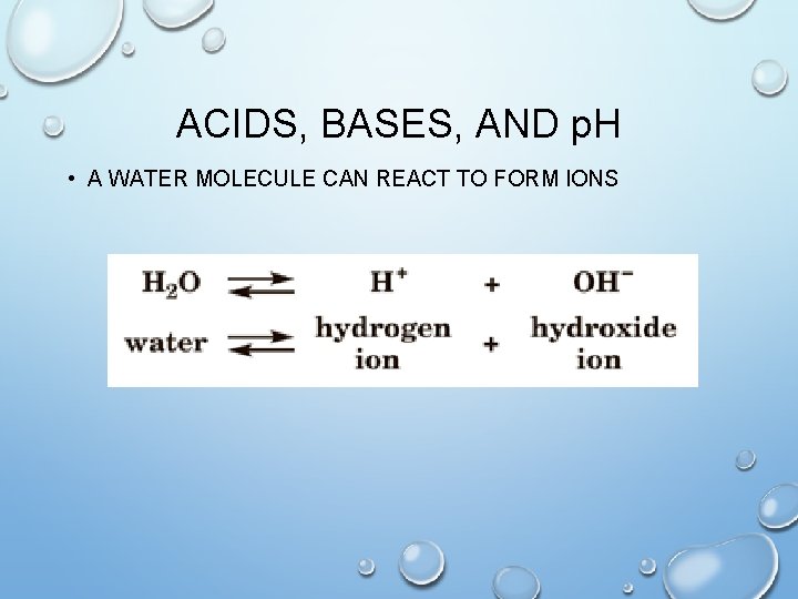 ACIDS, BASES, AND p. H • A WATER MOLECULE CAN REACT TO FORM IONS