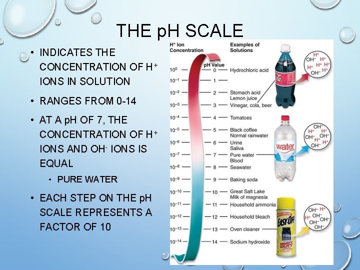 THE p. H SCALE • INDICATES THE CONCENTRATION OF H+ IONS IN SOLUTION •