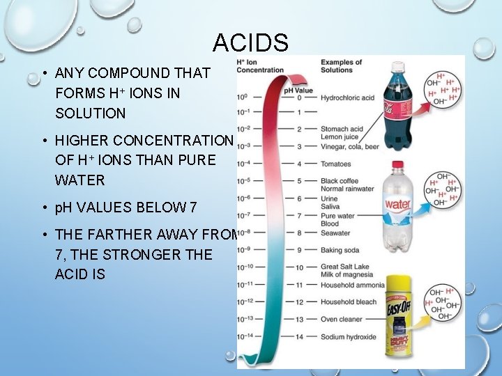 ACIDS • ANY COMPOUND THAT FORMS H+ IONS IN SOLUTION • HIGHER CONCENTRATION OF