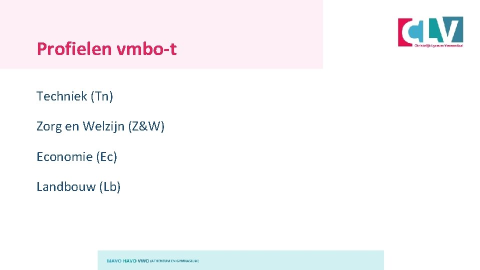 Profielen vmbo-t Techniek (Tn) Zorg en Welzijn (Z&W) Economie (Ec) Landbouw (Lb) 