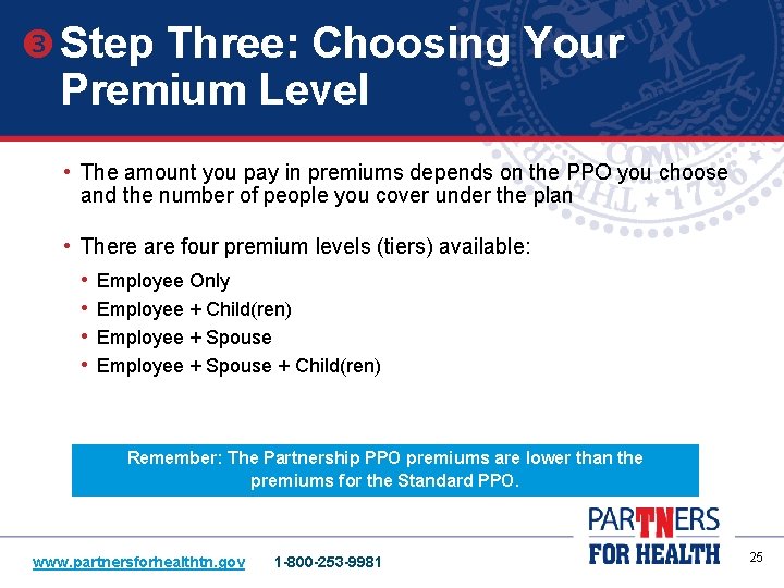  Step Three: Choosing Your Premium Level • The amount you pay in premiums