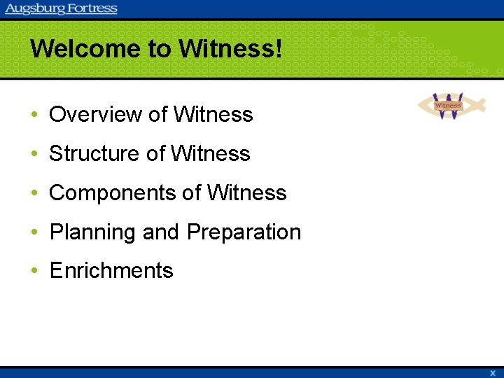 Welcome to Witness! • Overview of Witness • Structure of Witness • Components of
