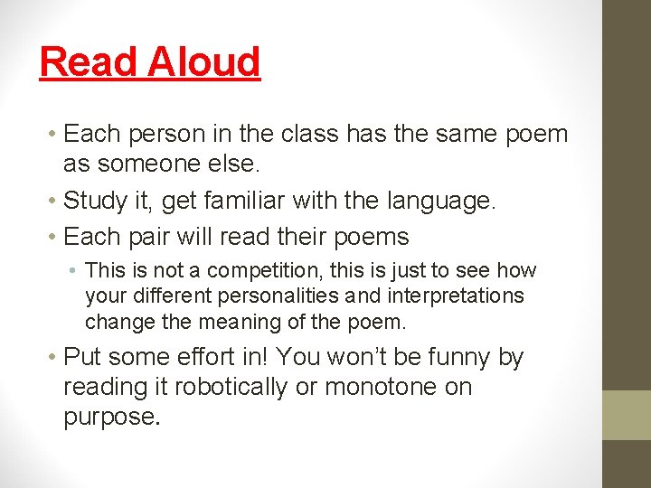 Read Aloud • Each person in the class has the same poem as someone