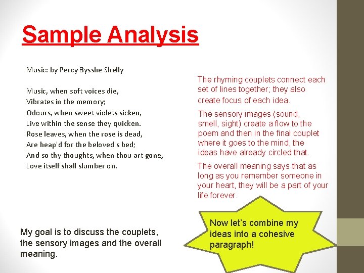 Sample Analysis Music: by Percy Bysshe Shelly Music, when soft voices die, Vibrates in