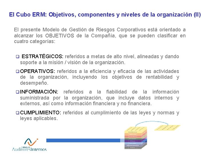 El Cubo ERM: Objetivos, componentes y niveles de la organización (II) El presente Modelo