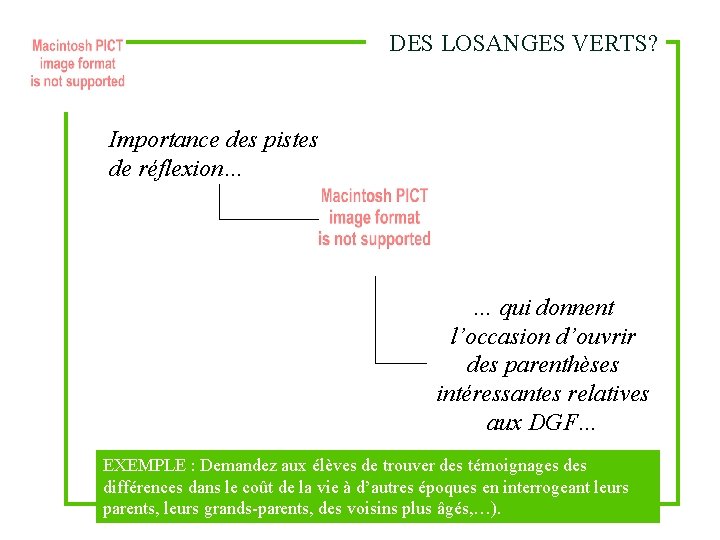 DES LOSANGES VERTS? Importance des pistes de réflexion… … qui donnent l’occasion d’ouvrir des