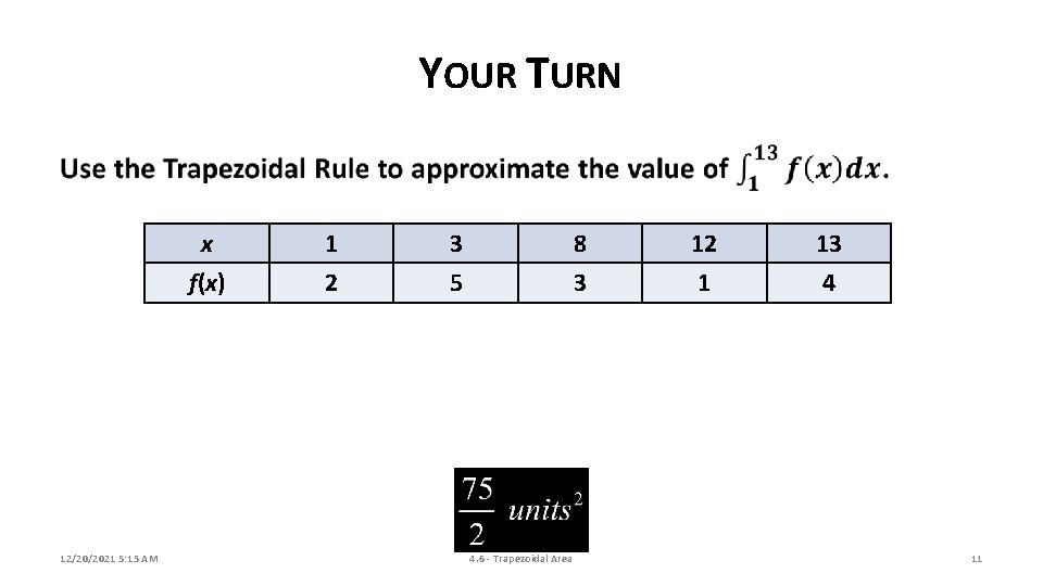 YOUR TURN 12/20/2021 5: 15 AM x 1 3 8 12 13 f(x) 2