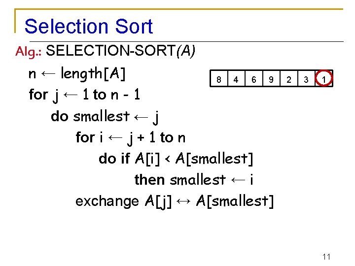 Selection Sort Alg. : SELECTION-SORT(A) n ← length[A] 8 4 6 9 for j