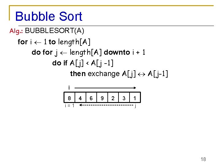 Bubble Sort Alg. : BUBBLESORT(A) for i 1 to length[A] do for j length[A]