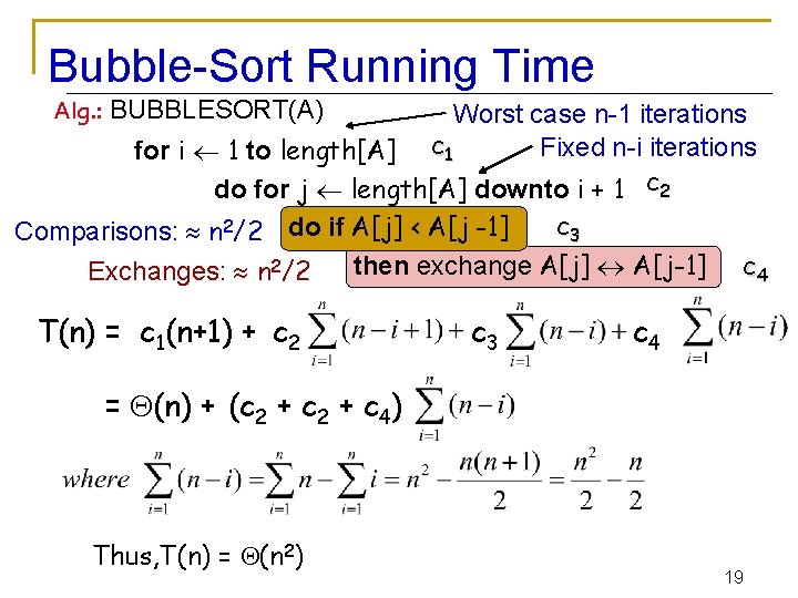 Bubble-Sort Running Time Alg. : BUBBLESORT(A) Worst case n-1 iterations Fixed n-i iterations for