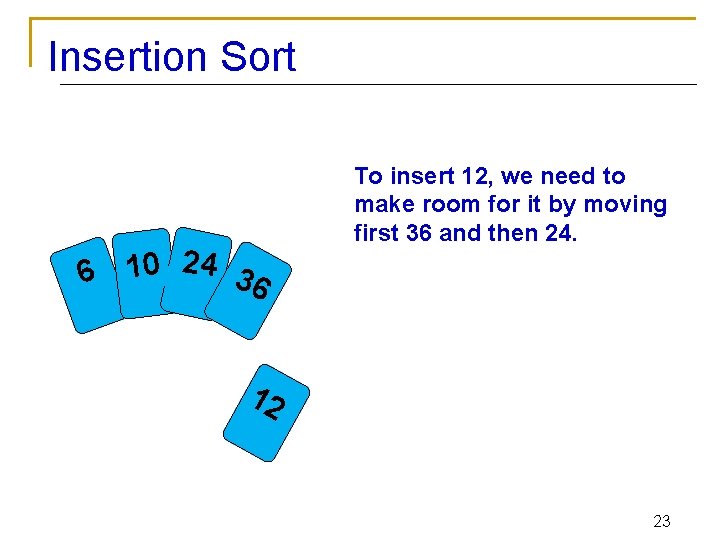 Insertion Sort 2 4 3 0 1 6 6 To insert 12, we need