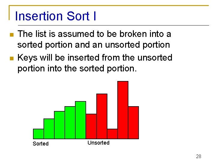 Insertion Sort I n n The list is assumed to be broken into a
