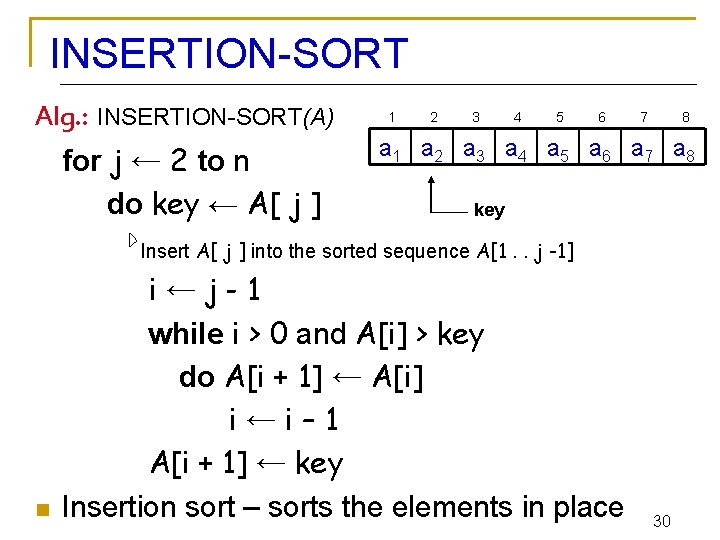 INSERTION-SORT Alg. : INSERTION-SORT(A) for j ← 2 to n do key ← A[