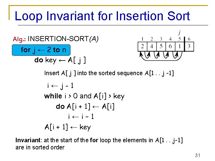 Loop Invariant for Insertion Sort Alg. : INSERTION-SORT(A) for j ← 2 to n