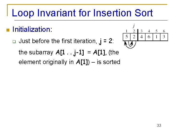 Loop Invariant for Insertion Sort n Initialization: q Just before the first iteration, j